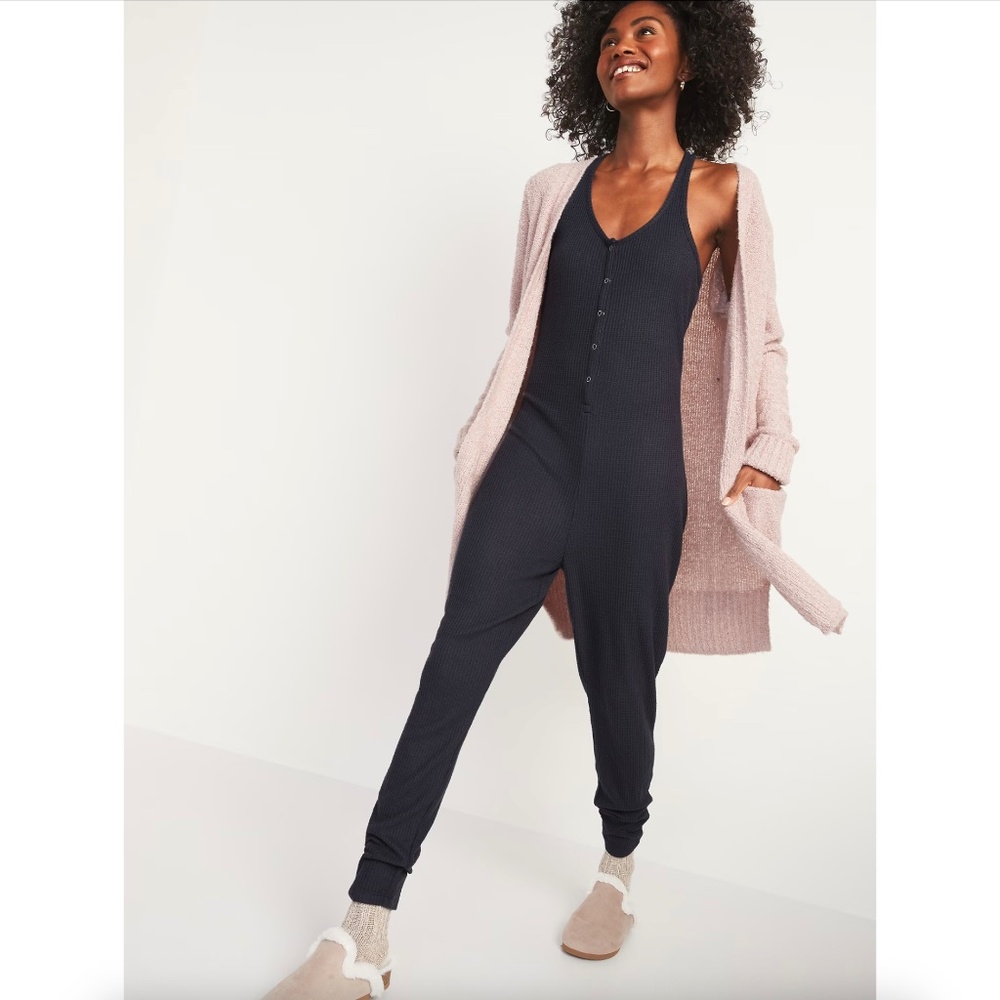 Old Navy Size Medium Waffle Plush-Knit Pajama Jumpsuit Charcoal Gray Racerback